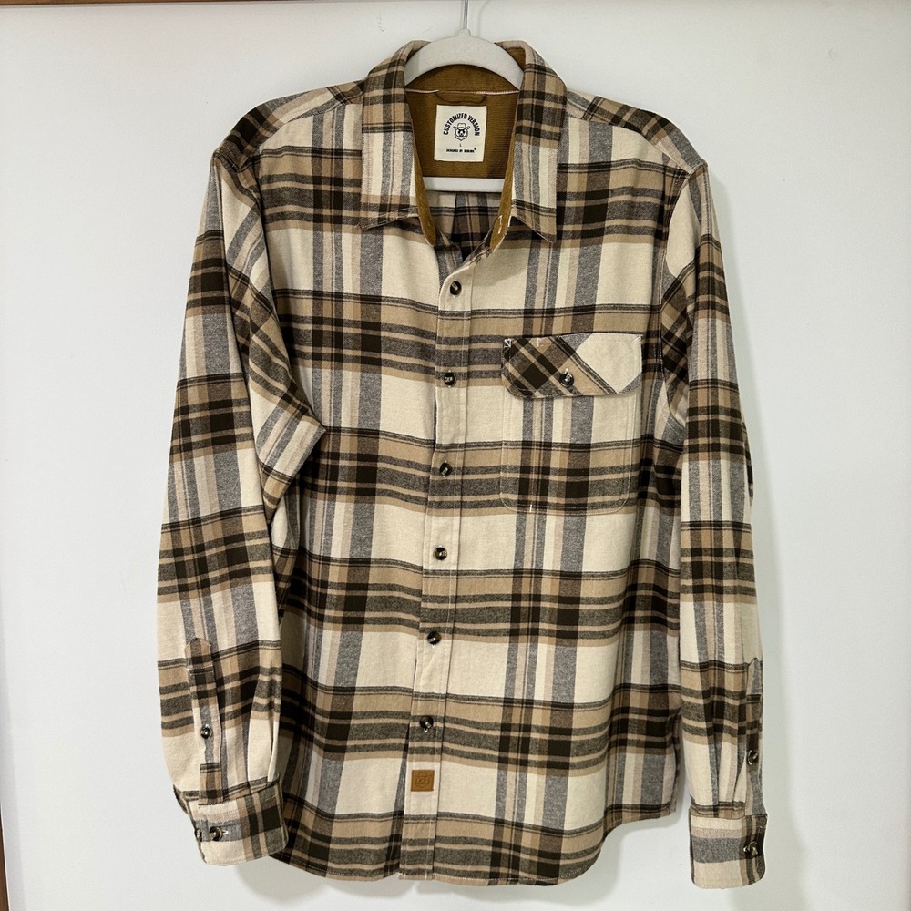 Dubinik Plaid Flannel Button Up Men Size L Tan Brown Corduroy Trim | Gorpcore